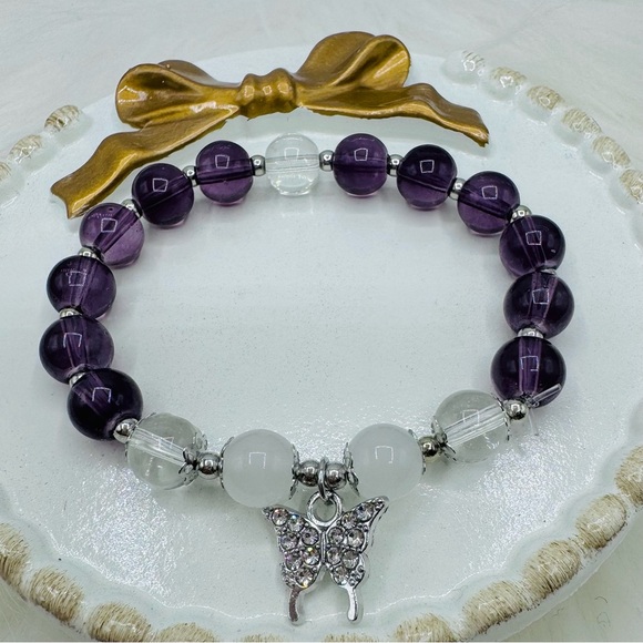 Violet Beaded w/ Sparkly Butterfly Charm Bracelet - Small wrists - Picture 6 of 6
